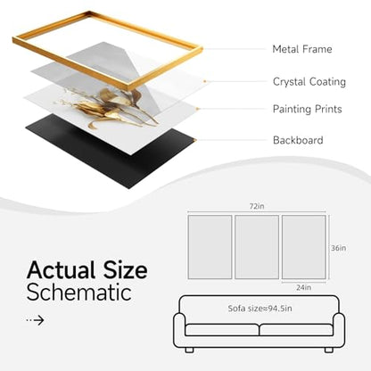 Large Framed Modern Luxury Gold Wall Art for Living Room, 3 Piece 24x36 In - color: Golden Flower Leaves, size: 24" W x 36" H x 3 pieces