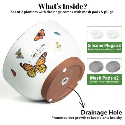 Terracotta Pots, 8+6 Inch Plant Pots, 2 Pcs with Drainage Holes - color: Jardin Butterfly, size: 8+6 Inch