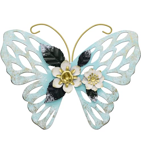 JinKune 12 Inch Butterfly Wall Decor 3D Double Layered Butterfly Leaf Floral Wall Art, Metal Wall Hanging Home Decorations Wall Sculpture Decor For Living Room Bedroom Kitchen Dining Room, Teal - color: Teal