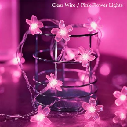 33ft 100 LED Aesthetic Pink Cherry Blossom Flower Fairy Lights String Decor - color: Pink