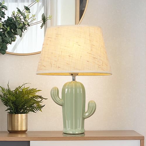 Cactus Desk Lamp, Modern Night Light with Fabric Lampshade, Ceramic Base, Adorable Bedside Table Lamp for Bedroom Nightstand