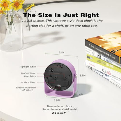 AYRELY® 3.5" Small Analog Travel Alarm Clock, Battery Operated Desk Clock - color: Purple