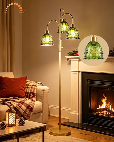 3-Light Glass Floor Lamp Green Shade 70" Gold Dimmable Tall Standing Lamp - color: Green Lace-Gold