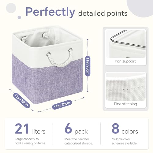 FinishingBo 11 inch Cube Storage Bin with Handles 6 Pack - color: White/Purple-6 Pack