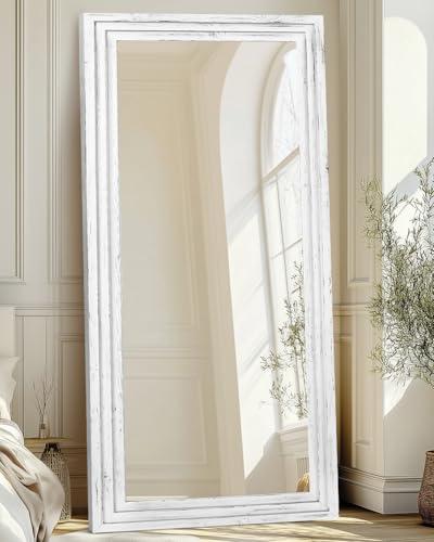 76x34in Full Length Mirror, 3-Tier Stepped Solid Wood Frame, White - color: White, size: 76"L x 34"W