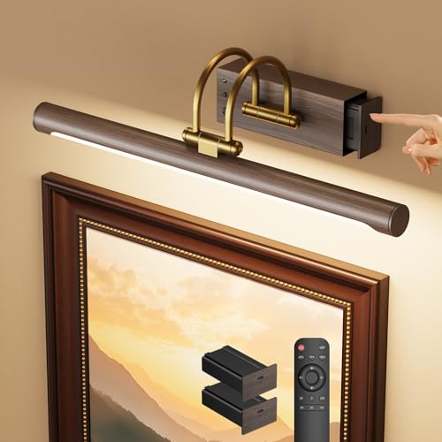 Picture Light,15.7″ Wireless Battery Operated Rechargeable LED Wall Light with Remote,Dimmable Art Light with Timer,Adjustable Design,Wood Grain and Gold Finish for Frames,Paintings and Bedroom Decor - color: Battery Operated-Wood Grain, size: 15.7 Inch