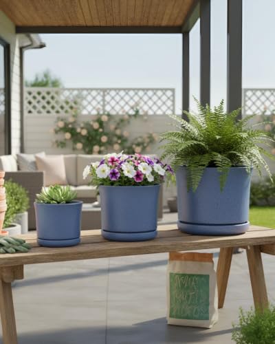 Ceramic Plant Pots, Set of 3, 4.3/5.6/6.9 Inch with Drainage - color: Blue (4+5+7)