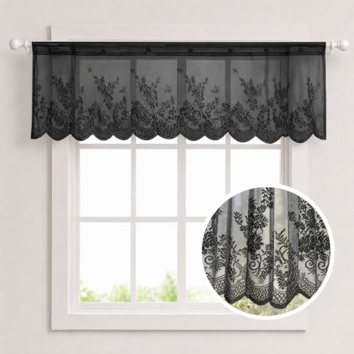Molaxhome Kitchen Curtains Valance Black Lace Floral Semi Sheer Curtain - color: Black, size: 51"W x 16"L (Pack of 1)
