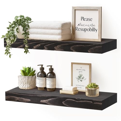 Solid Wood Floating Shelves, 17 Inch Wall Shelves, Set of 2, Black - color: Black, size: 17x8x1.6