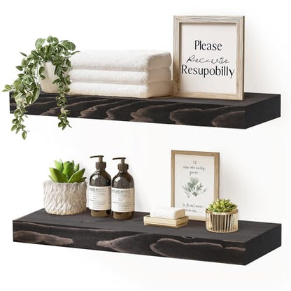 Solid Wood Floating Shelves, 17 Inch Wall Shelves, Set of 2, Black - color: Black, size: 17x8x1.6