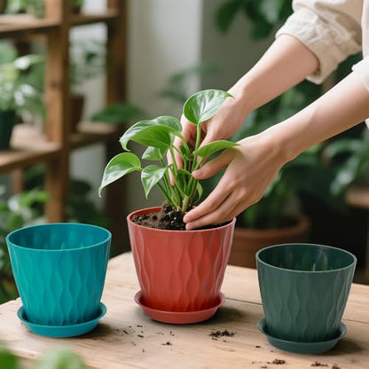 GARDIFE 7 Pack Plant Pots 4-7 inch with Drainage Holes and Tray, Red - color: Color-red