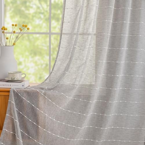 Faux Linen Embroidered Curtains 63 Inch Length for Dining Room Aesthetic Boho Bathroom Window Curtains 2 Panels Light Filtering Farmhouse Semi Sheer Curtain for Bedroom 52"W x 63"L Light Grey - color: Grey, size: 52"W x 63"L (Pack of 2)
