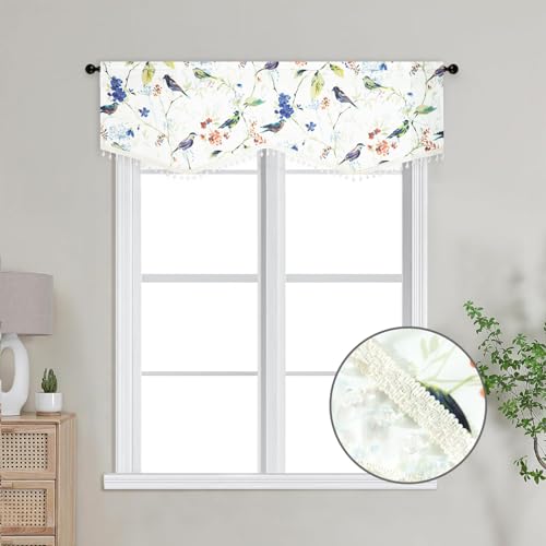 VOGOL Country Style Valances for Windows, Short Blue Bird Pattern Privacy Scalloped Valance Curtains for Living Room, Decorative Window Topper with Shining Beads, 52x16, 1 Piece - color: Birds Blue, size: 52"W x 16"L (Pack of 1)
