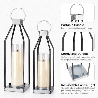 Gerrii 2 Pcs 15"&16.5" Farmhouse Rustic Lanterns Decorative with LED Candle Set Galvanized Metal, Handcrafted Candle Holders, Outdoor Indoor Porch Fireplace Mantel Table Festive Gatherings Decor