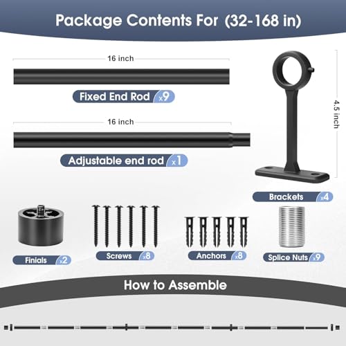 Curtain Rods for Windows, 1 Inch Black Curtain Rod Set, Heavy Duty Drapery Rods with Adjustable Curtain Rods, Outdoor Modern Curtain Rod with Simple End Caps (Black, 30"-170" 2 Pack) - size: 30"-170" 2 Pack