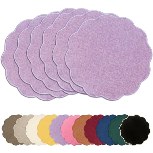 AHHFSMEI Round Scalloped Placemats Set of 6 15 Inch Faux Linen - color: Purple