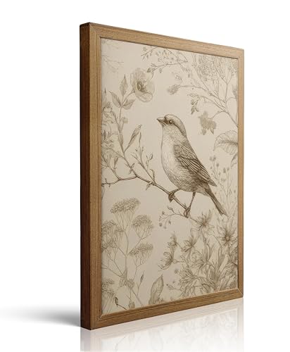 Javsris Framed Bird Canvas Wall Art Retro Farmhouse Sparrow Wall Decor Vintage Bird Floral Sketch Pictures Rustic Floral Botanical Poster Print Artwork for Living Room Bedroom Home Decoration 12x16in - color: Bird Floral, size: 16"L x 12"W
