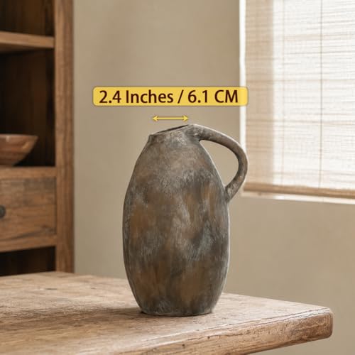 Rustic Ceramic Vase with Handle, 10.3 Inch, Farmhouse Decor, Brown - color: Brown
