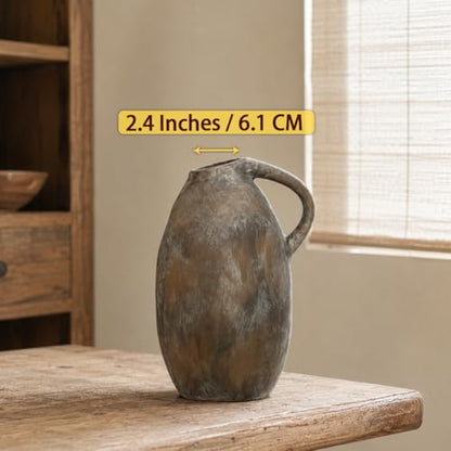 Rustic Ceramic Vase with Handle, 10.3 Inch, Farmhouse Decor, Brown - color: Brown