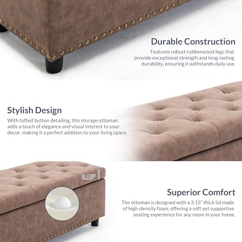 BELLEZE Storage Ottoman, Tufted Ottoman with Close Hinge, Foot Rest for Living Room (Rustic Brown, 47 inch) - color: Rustic Brown