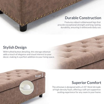 BELLEZE Storage Ottoman, Tufted Ottoman with Close Hinge, Foot Rest for Living Room (Rustic Brown, 47 inch) - color: Rustic Brown