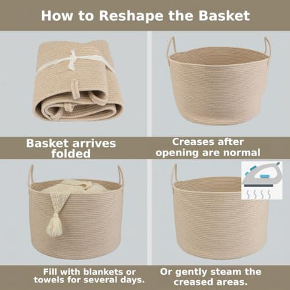 XUANGUO 66L Large Blanket Basket, Round Cotton Rope Basket, Oatmeal - color: Oatmeal