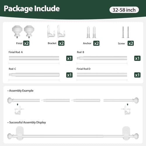KAMANINA White Curtain Rod No Drilling 32 to 58 Inches, Renter Friendly - color: White, size: 32-58"