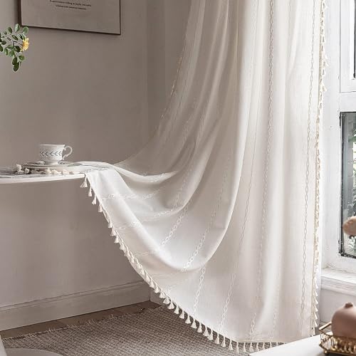 Deeprove White Boho Curtains 90 inches Length for Living Room Bedroom Nursery, Vintage Bohemian 90 inches Long Embroidery Farmhouse Light Filter Country Tassel Window Treatments, W52 x L90, 1 Panel - color: White, size: 52"W x 90"L (Pack of 1)