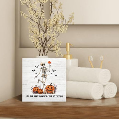Gothic Halloween Skeleton Pumpkin Fall Wood Box Sign Desk Decor 5X5 - color: Dancing Skeleton