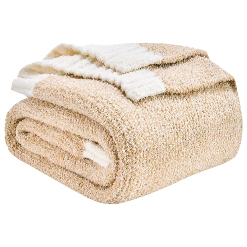CozeCube Reversible Knitted Throw Blanket, Beige White Melange 50"x60" - color: M-khaki Tan, size: 50"x60"
