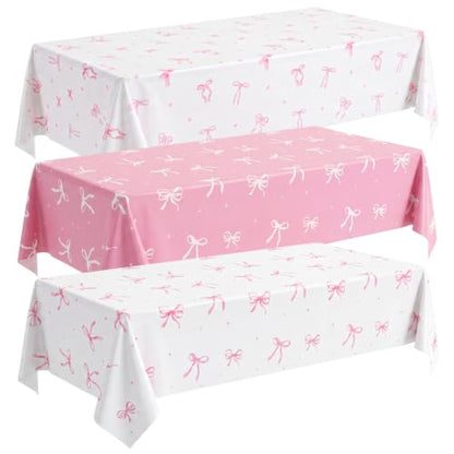 3 Pack Coquette Pink Bow Plastic Tablecloth, Pink and White Tablecloth - color: Pink Bow