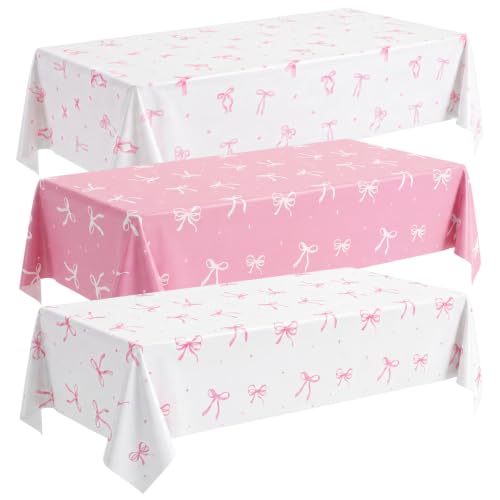 3 Pack Coquette Pink Bow Plastic Tablecloth, Pink and White Tablecloth - color: Pink Bow