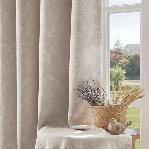 Beauoop Beige Floral Jacquard Blackout Curtains for Bedroom 52x96 2 Panels - color: Beige, size: 52"W x 96"L (Pack of 2)