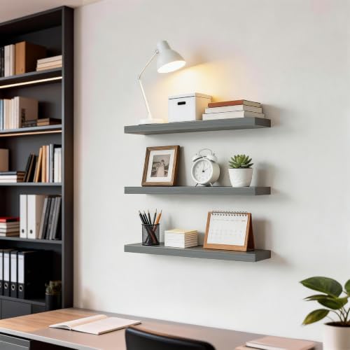 BAYKA Grey Floating Shelves 22.5in, Set of 3, Wall Mount Rustic Wood Shelf - color: F. Grey - Industrial Edge Style, size: 22.5inches
