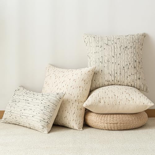 Boho Throw Pillow Covers 18 x 18 in Set of 2 - Meteor Style Fabric Textured Neutral Farmhouse Decorative Cushion Case Accent Striped Square Pillowcase for Sofa, Couch, Beige and Brown - size: 18" x 18" (Pack of 2)