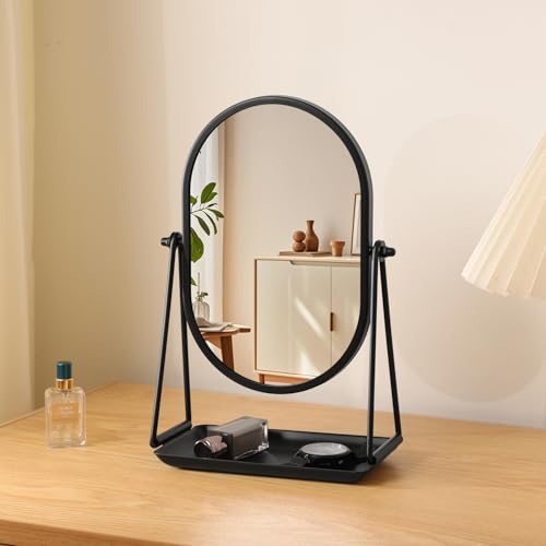 Black Metal Framed Oval Desk Table Mirror with Storage Tray - color: Oval-black