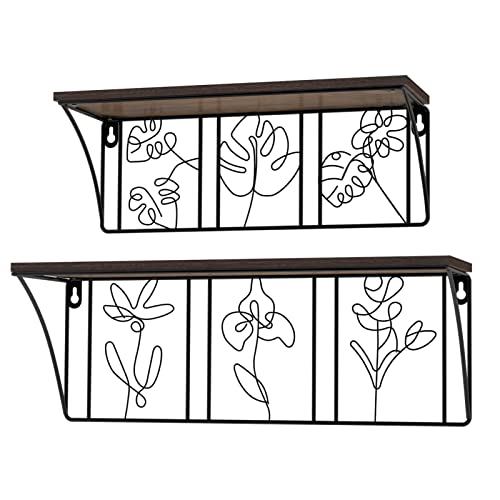 QUTREY Plant Wall Art Floating Shelves Set of 2, Minimalist Metal Abstract Decor Rustic Wooden Shelf for Living Room, Bedroom, Bathroom