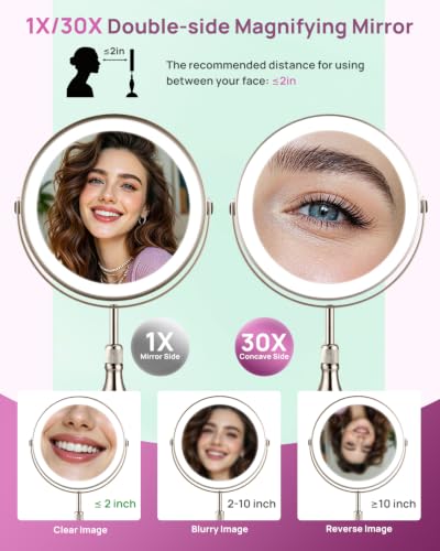 30X Magnifying Mirror with Lights, 8" Height Adjustable Makeup Mirror