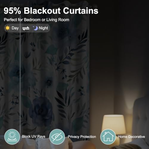 Blue Floral & Leaf Thermal Blackout Curtains 84 Inch Length 2 Panels Set - color: Floral-d