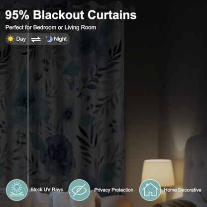 Blue Floral & Leaf Thermal Blackout Curtains 84 Inch Length 2 Panels Set - color: Floral-d