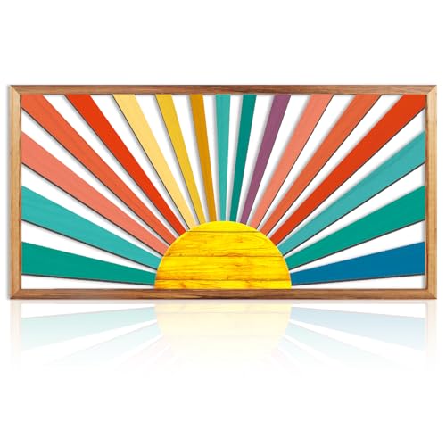 IARTTOP Large Boho Sun Wall Art Framed Wooden Art Wall Decor Colorful Rainbow Geometric Line Sunshine Artwork for Living Room Bedroom Office 16x32 Inch - color: Colorful Rainbow Sun, size: 32"L x 16"W
