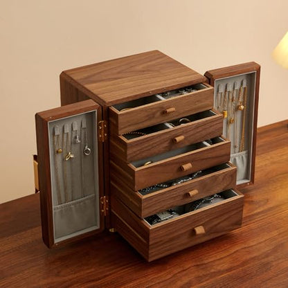 Black Walnut Wood Jewelry Box for Women, Large - size: Double doors