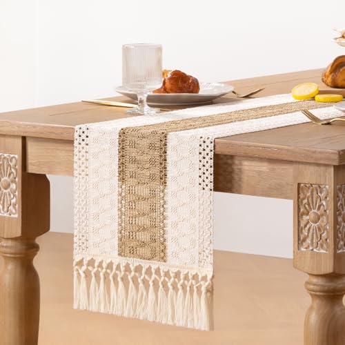 Boho Macrame Table Runner Jute Burlap Small Dresser Runner - color: Ivory and Brown, size: 12" × 90"