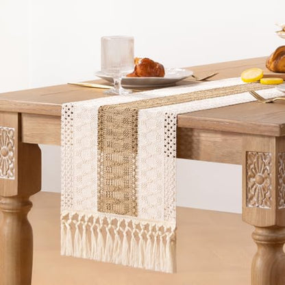 Boho Macrame Table Runner Jute Burlap Small Dresser Runner - color: Ivory and Brown, size: 12" × 90"
