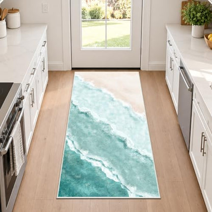 Beach Pattern 2x4ft Runner Rug Non Slip Washable Kitchen Runner Rug with Rubber Backing，Low-Pile Soft Washable Runner Rugs for Hallway Entryway Kitchen Bedroom Bathroom - color: Teal Beach, size: 5' x 10'1" (Rug)