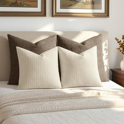 MIULEE Set of 2 Cream Textured Striped Throw Pillow Covers 20x20 Inch - color: Cream, size: 20" x 20" (Pack of 2)