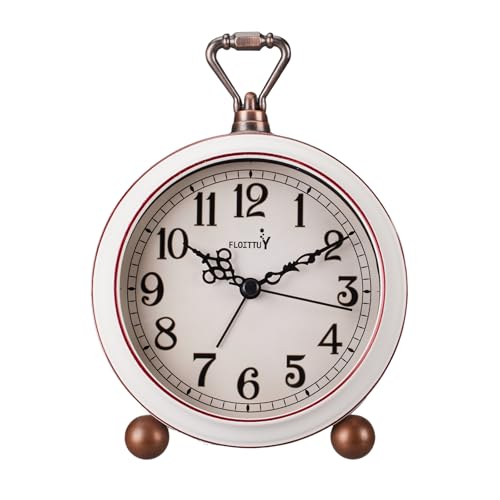 FLOITTUY 4.5" Battery Operated Antique Retro Analog Metal Alarm Clock, Silent Bedside Desk Clock, Wall-Hanging Vintage Clock(Vintage White) - color: Vintage White