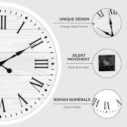 Large Wall Clock with Roman Numeral, 35.5” Shiplap Farmhouse Hanging Clock - color: White, size: 35.5 Inch