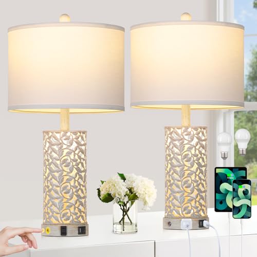 Cinkeda Morden Farmhouse Table Lamps Set of 2, Touch Control Bedside lamp with 2 USB Ports & AC Outlet,Vintage Nightstand Lamp with Nightlight for Bedroom Living Room Entryway,White - color: White-2