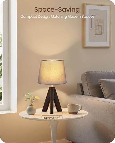 Tripod Table Lamp, 14.6" Small Bedside Lamp, Modern Nightstand Lamp with Gray Shade & Dark Walnut Base, Boho Desk Lamp for Bedroom, Kids Room, Living Room, Study, E26 Socket, VH51TL05 - color: Gray+Dark Walnut